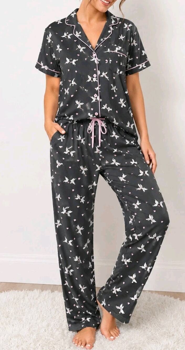 Insomniax Dove Birds Heart Print Pajamas Set Womens L Button Down Top Pants Gray